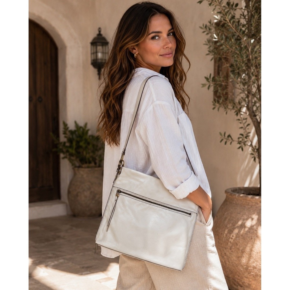 HOBO International Ivory Leather Foldover Crossbody Shoulder Bag